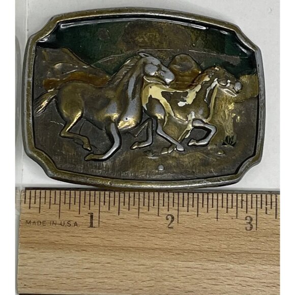 VINTAGE Wild Horses Solid Brass Belt Buckle Enamel U.S.A. Western Rustic Cowboy - Picture 9 of 10